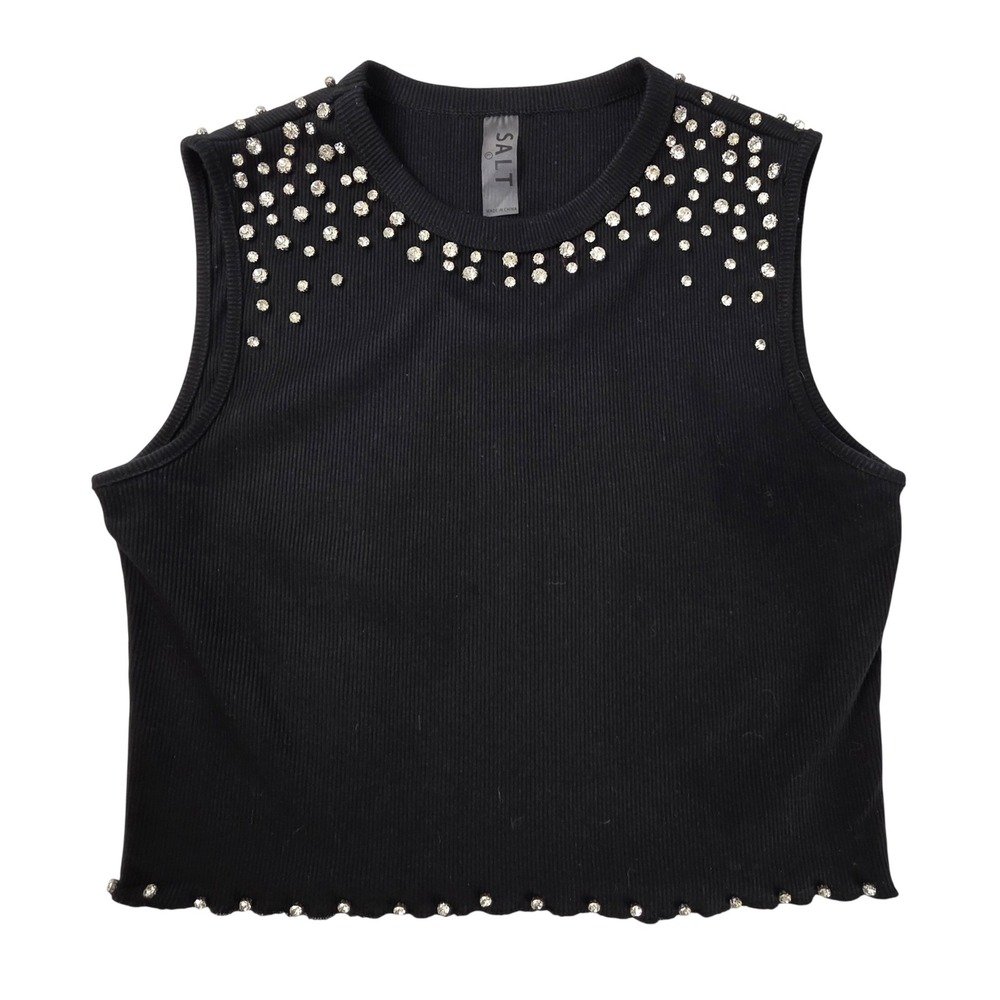 SALT Womens Black Ribbed Rhinestone Embellished Sleeveless Crop Top L